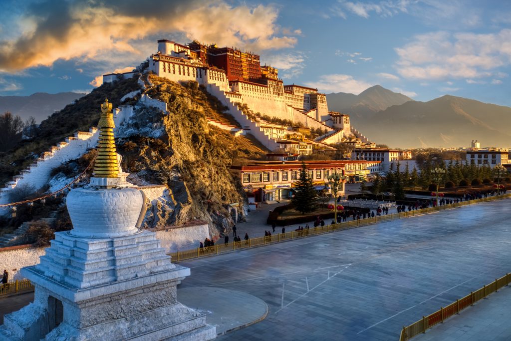 Potala Palace in Tibet glowing at sunset
