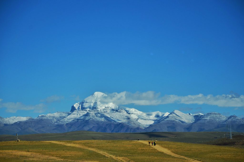 Distant view of Mount Kailash snow mountain in Tibet