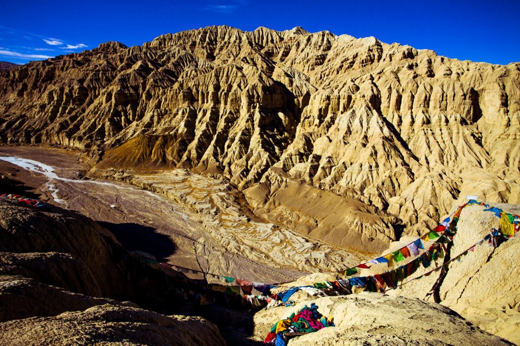 Zanda Earth Forest with scattered colorful prayer flags in Tibet