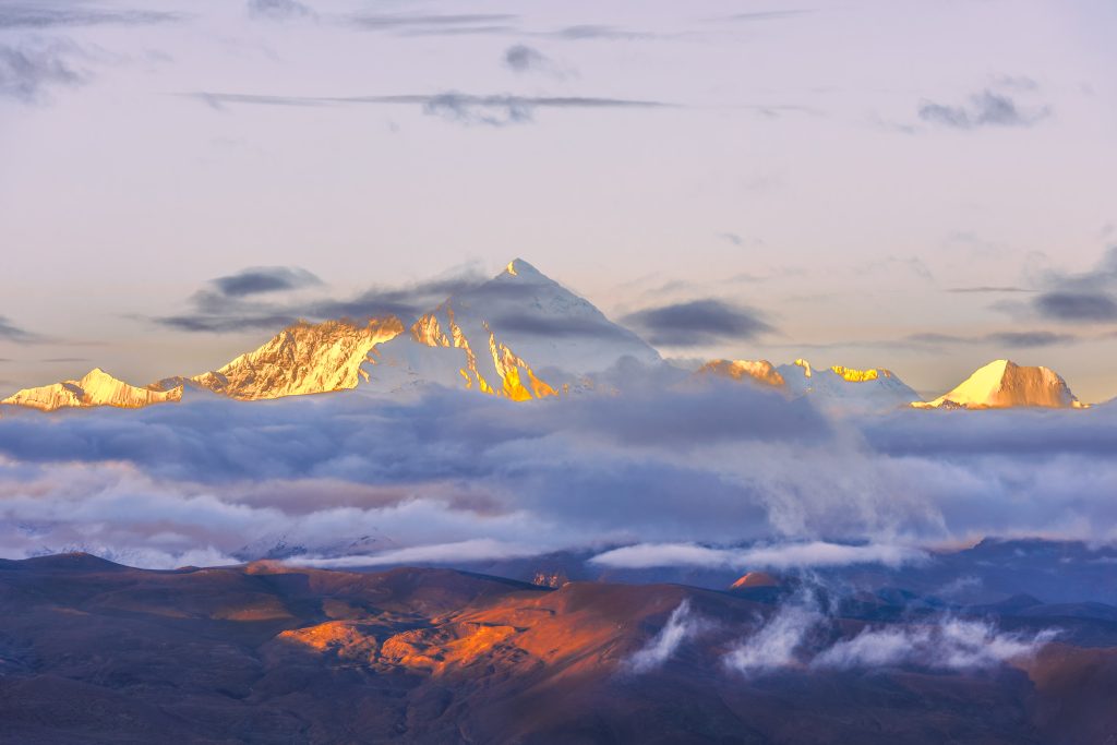 Distant sunset view of Mount Everest in Tibet